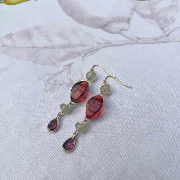 Amber Garnet Wine Red Crystal Glass Cantaloupe Fruit Green Casual Earrings - Picture 2 of 6